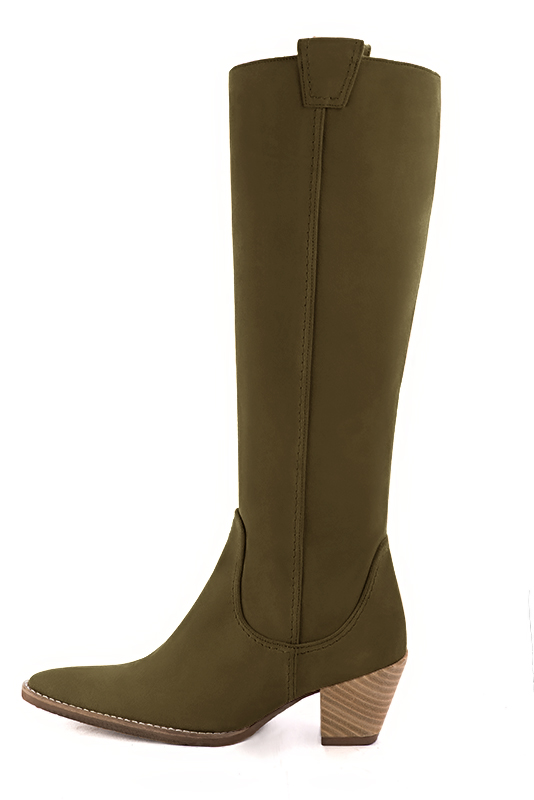 Khaki green women's cowboy boots. Tapered toe. Medium cone heels. Made to measure. Profile view - Florence KOOIJMAN